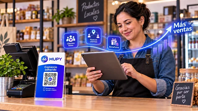 Una comerciante revisa la actividad de su negocio en MUPY desde una tablet, junto al cartel de comercio adherido