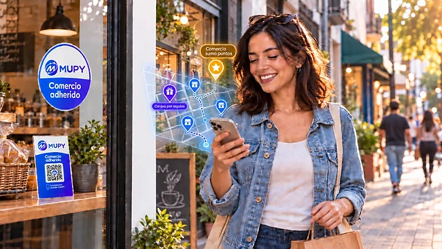 Una clienta camina por la vereda mirando sus puntos en la app de MUPY, frente a un comercio adherido