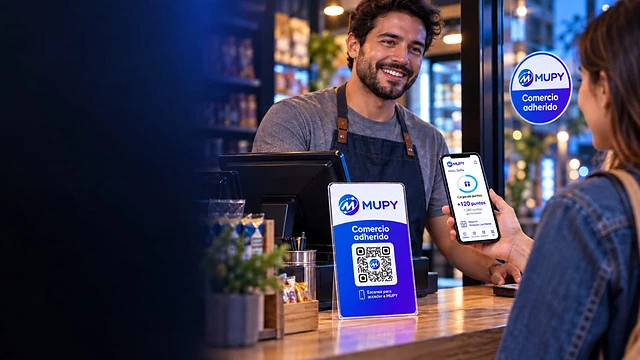 Un comerciante cobra con MUPY: el cartel de comercio adherido con el QR sobre el mostrador y la clienta con la app en la mano